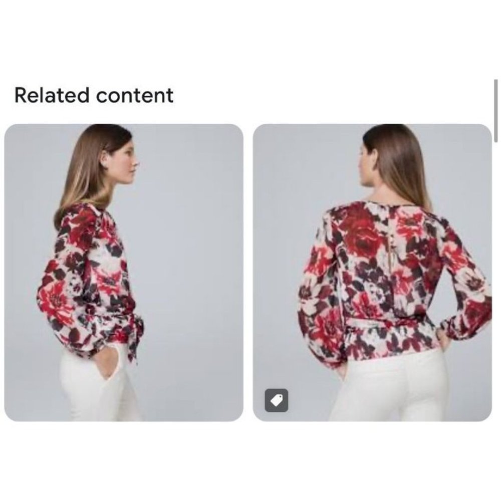 WHBM Top 6 Smocked Red Black White Floral Belted Long Sleeve Washable